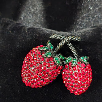 Double cherry brooch with red pavé rhinestones, green rhinestone leaves and copper-tone stem, view 2