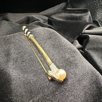 Signed Swarovski gold-tone golf club brooch with faux pearl, crystal pavé and black enamel stripes, view 4