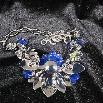 Vintage Style Silver Tone Blue Floral Statement Necklace with Layered Acrylic Petals and Rhinestone Centers, Adjustable Chain, Curated Estate Glam
