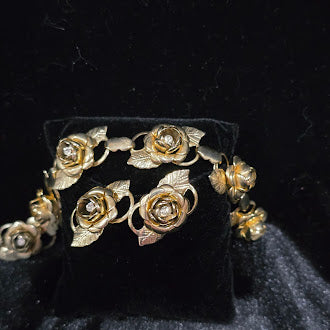 Vintage Gold Tone Rose Flower Bracelet and Clip Earrings Set with Clear Rhinestone Centers, Romantic Floral Link Design, Curated Estate Style