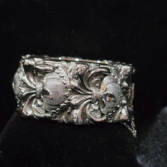 Vintage Repousse Silver Tone Hinged Bangle Bracelet with Ornate Floral Scrollwork, Victorian Revival Design, Wide Statement Cuff Style