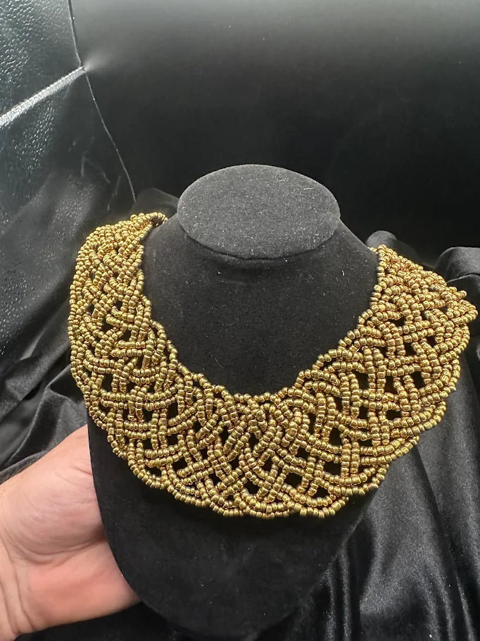 Gold Tone Beaded Bib Collar Necklace with Woven Design