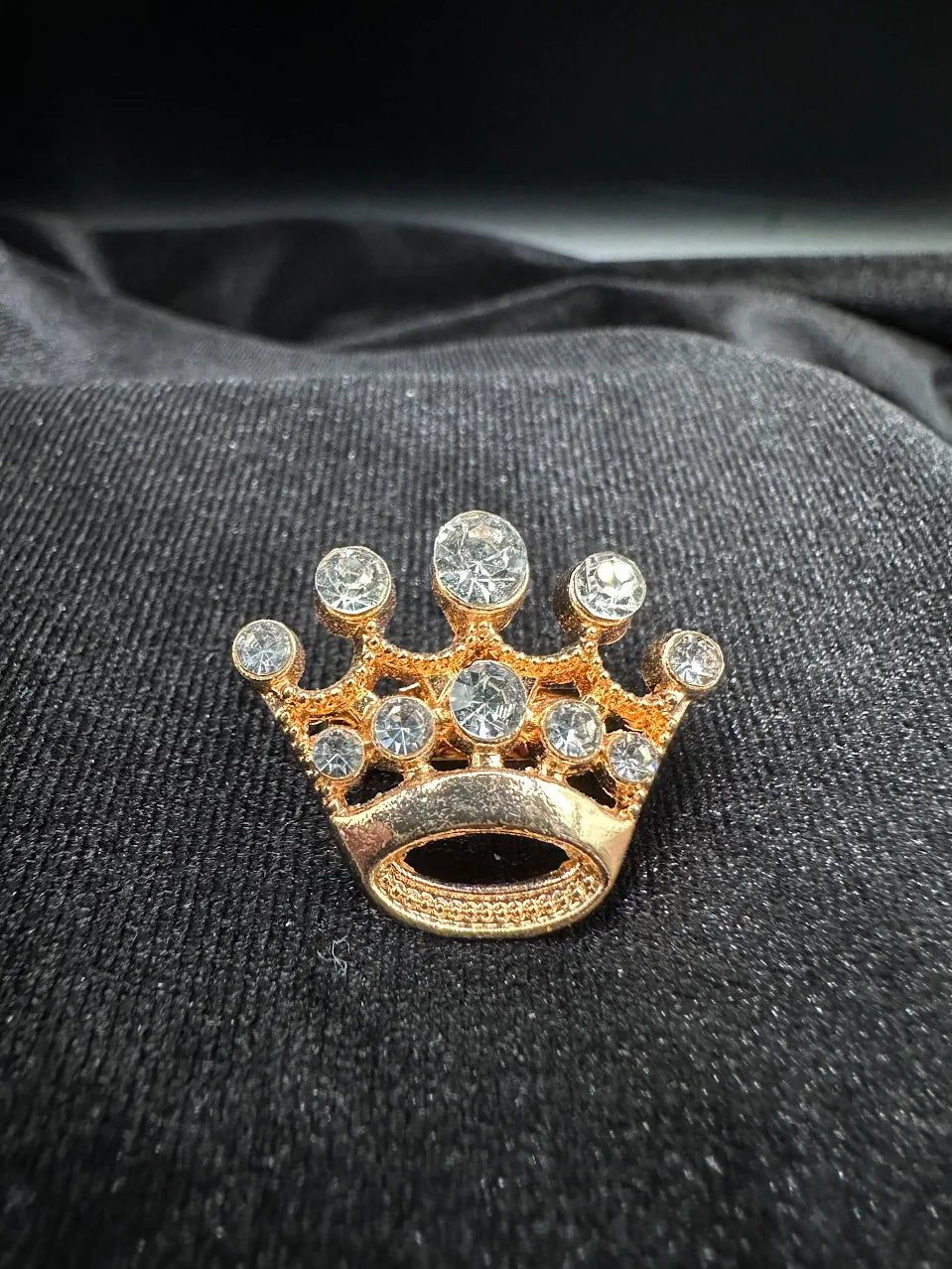 Gold-tone crown brooch set with clear round crystals, view 4