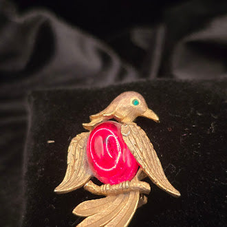 Signed JJ gold-tone bird brooch with translucent red belly and green eye, view 5