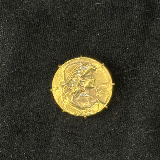 Signed Avo gold-tone round lady profile brooch with clear rhinestone accents, view 2