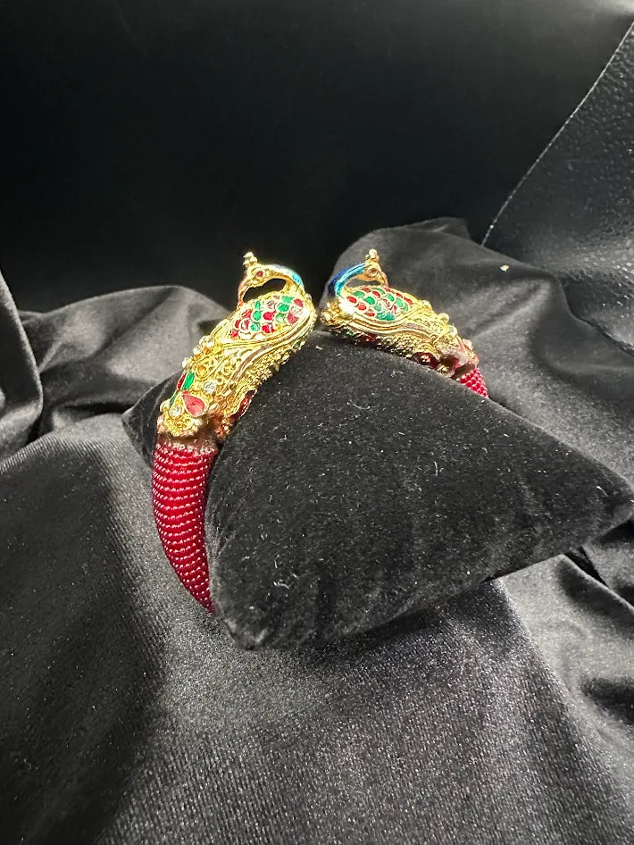 Peacock Statement Bracelet Red Beaded Cuff Gold Tone Double Head Crystal Bracelet