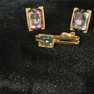 Signed Swank gold-tone cufflinks and tie clip with rectangular iridescent stones, view 2