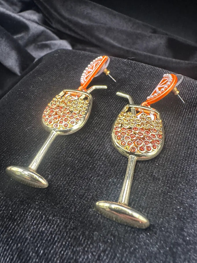 Sugarfix gold-tone cocktail glass drop earrings with orange slice accents and crystals, view 3