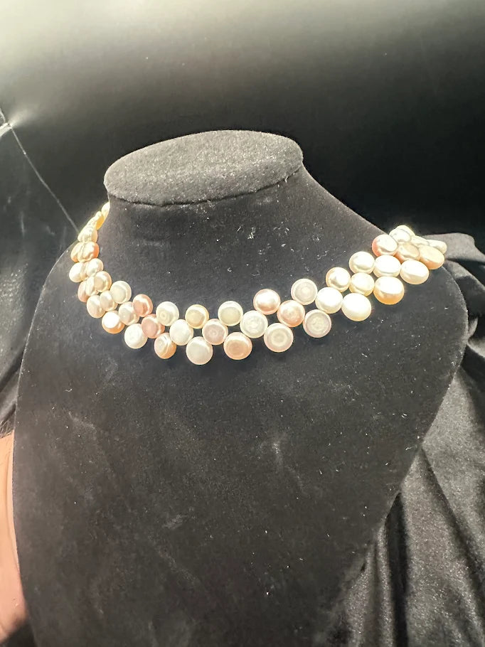 Ivory and blush coin pearl-style multi strand collar necklace, view 3
