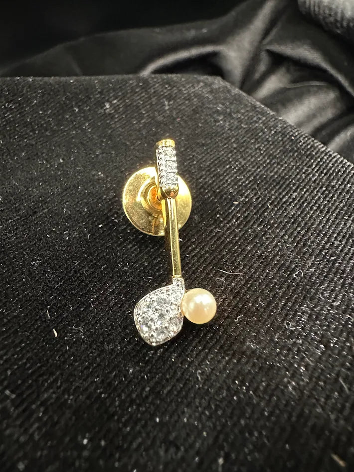 Gold-tone lapel pin with clear crystal pavé and a single faux pearl, view 4
