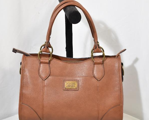 Brown faux leather structured satchel with dual top handles, view 2