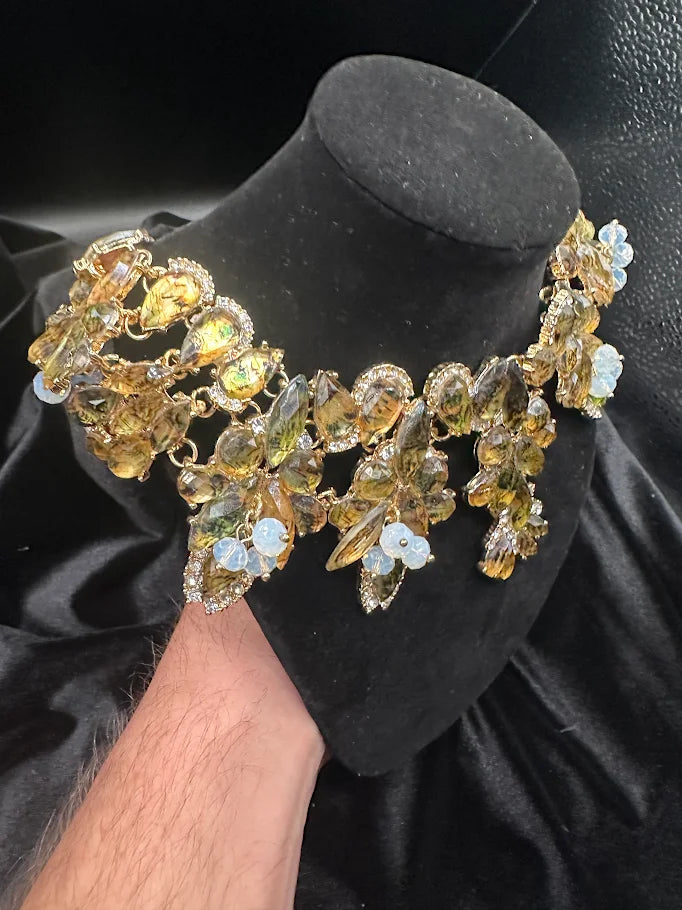 Gold-tone floral crystal statement collar necklace with blue, smoky gray and clear stones, view 5