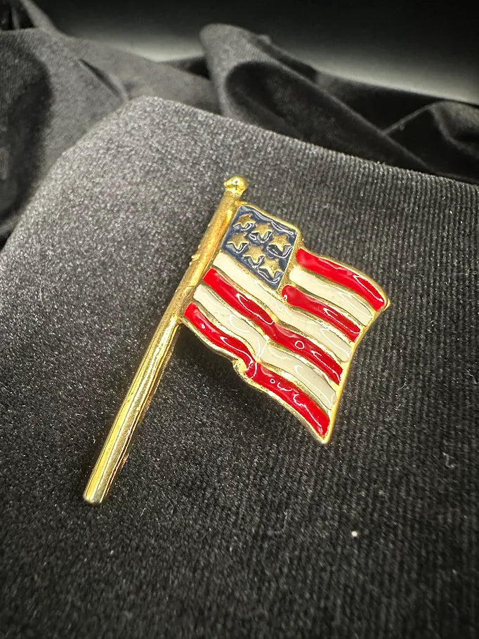 Gold-tone American flag brooch with red, white and blue enamel, view 2