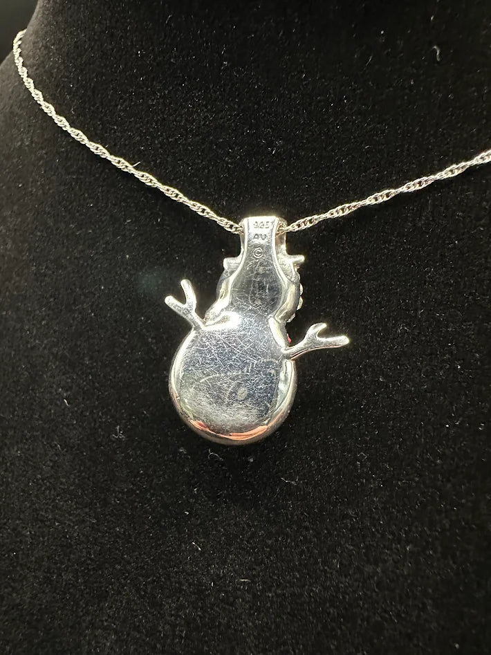 Sterling Silver 925 Snowman Pendant Necklace Crystal Pave 18” Chain Holiday Winter Charm