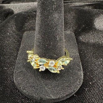 Vermeil Gold Plated over Sterling Silver Green & Clear Glass Gem Ring Size 9