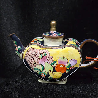 (SOLD) Kelvin Chen Enamel on Copper Miniature Teapot Hand Painted Fruit Basket Design Numbered 1998 with Box Certificate