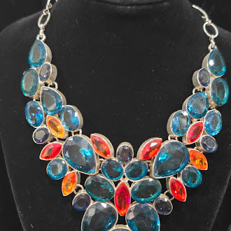 Large Silver Tone Statement Necklace with Multicolor Glass Crystals, Bold Bib Necklace, Dramatic Estate Glam Jewelry
