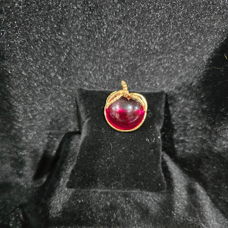 Signed Sarah Coventry gold-tone apple brooch with translucent red domed center, view 2
