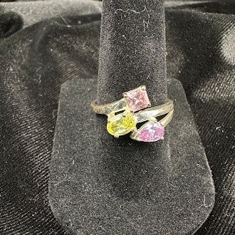 Sterling Silver Pastel Gemstone Ring Purple, Green & Pink Crystal Cluster Size 7