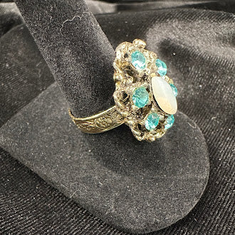 Vintage Style Turquoise Blue Crystal Cluster Ring with Oval White Center Stone | Silver Tone Filigree Statement Ring