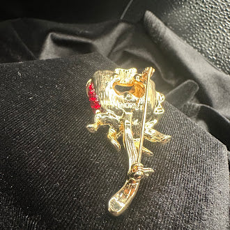 (SOLD) Vintage Monet Gold-Tone Red Rhinestone Rose Brooch with Green Enamel Leaves