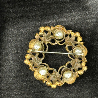 Three gold-tone faux pearl brooches: flower basket, wreath and purse, view 5