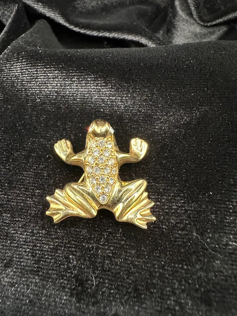 Swarovski gold-tone frog brooch with clear pavé crystals and crystal eye, view 4