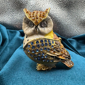 Owl trinket box with blue, amber and clear rhinestones and gold-tone detail, view 6