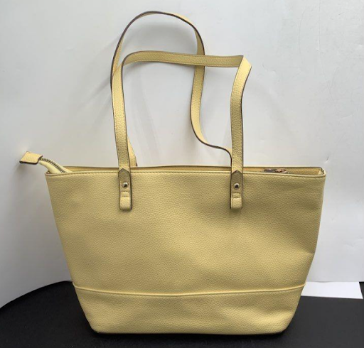 Butter yellow pebbled faux leather tote with dual shoulder straps, view 3