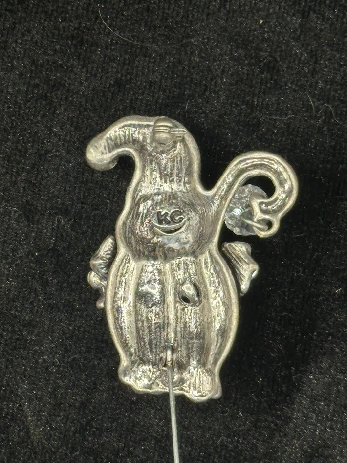 Gold-tone seated cat brooch with rhinestone accents and curved tail, view 4