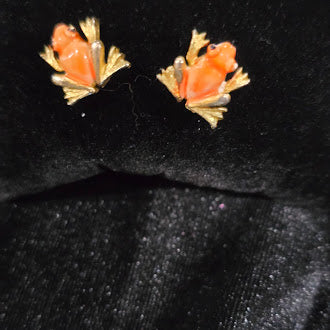 Gold Tone Orange Frog Earrings Clip On Frog Pair Orange Enamel Style Frogs Animal Jewelry Vintage Style Clips