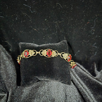 Vintage 925 Vermeil Gold Over Sterling Bracelet with Red Rhinestones, Leaf Link Stations, Romantic Estate Style, 7.93g Designer Look