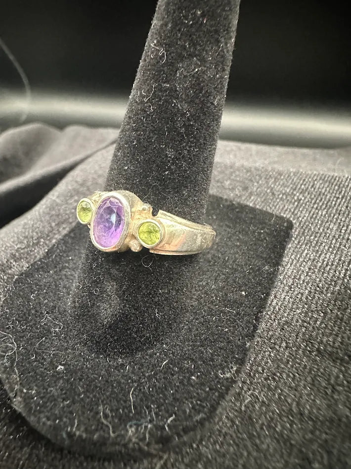 925 Sterling Silver Amethyst Peridot White Topaz Cross Pendant Necklace Ring Set Vintage Gemstone Jewelry