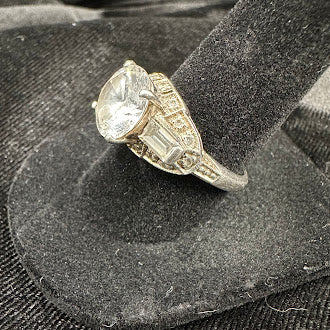 Vintage Art Deco Style 925 Sterling Silver CZ Ring Round Center with Baguette Accents Size 7