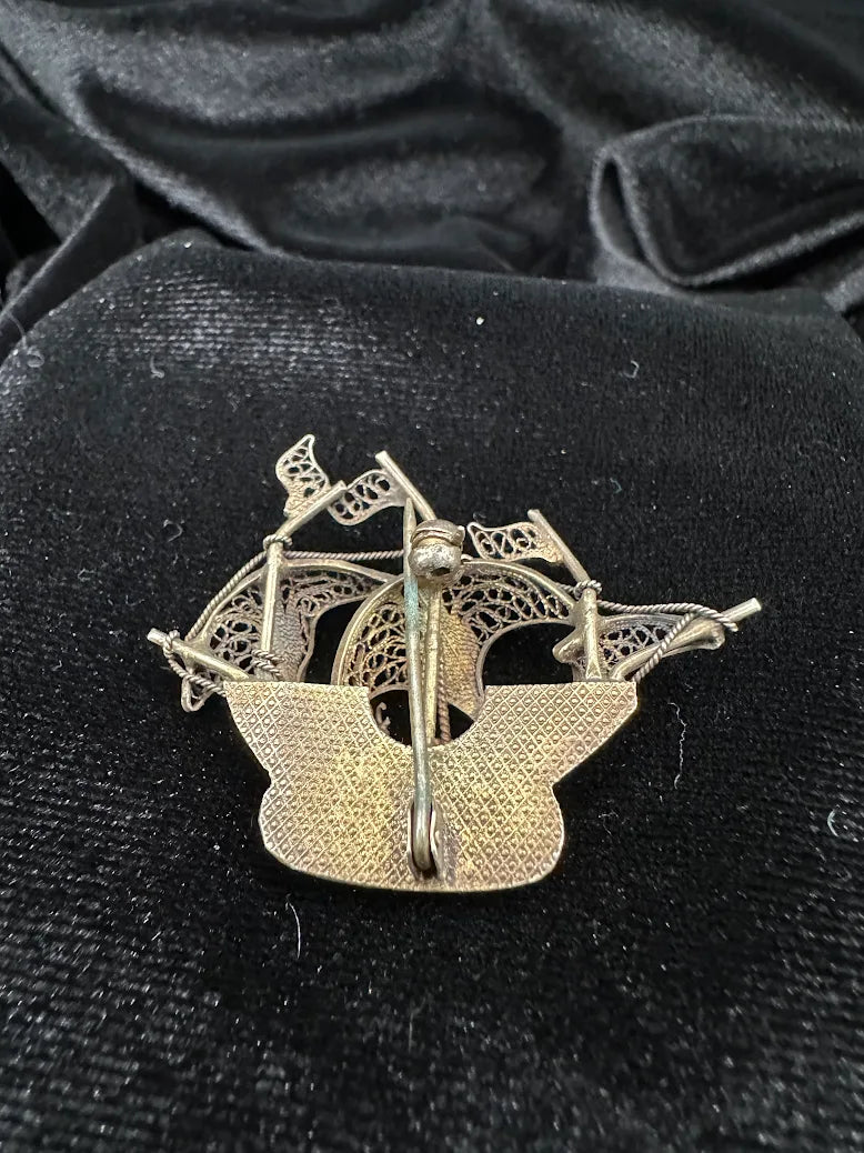 Silver-tone filigree sailing ship galleon brooch, view 5