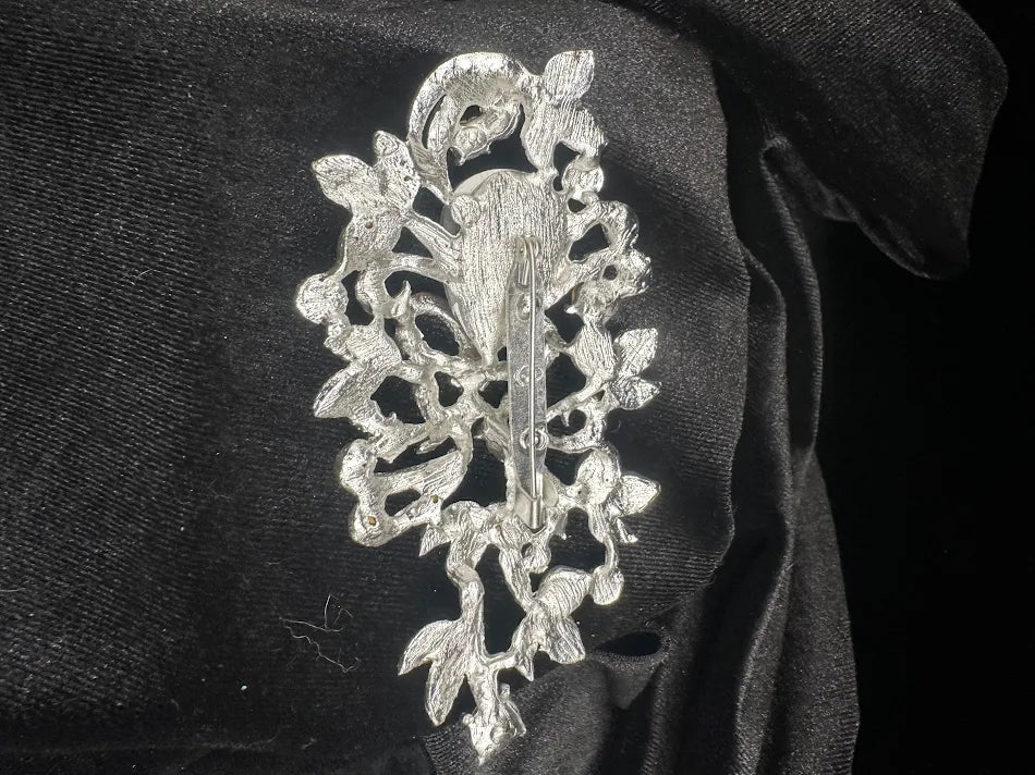 Large Iridescent Crystal Statement Brooch Silver Tone Filigree Vintage Style Art Glass Rhinestone Pin