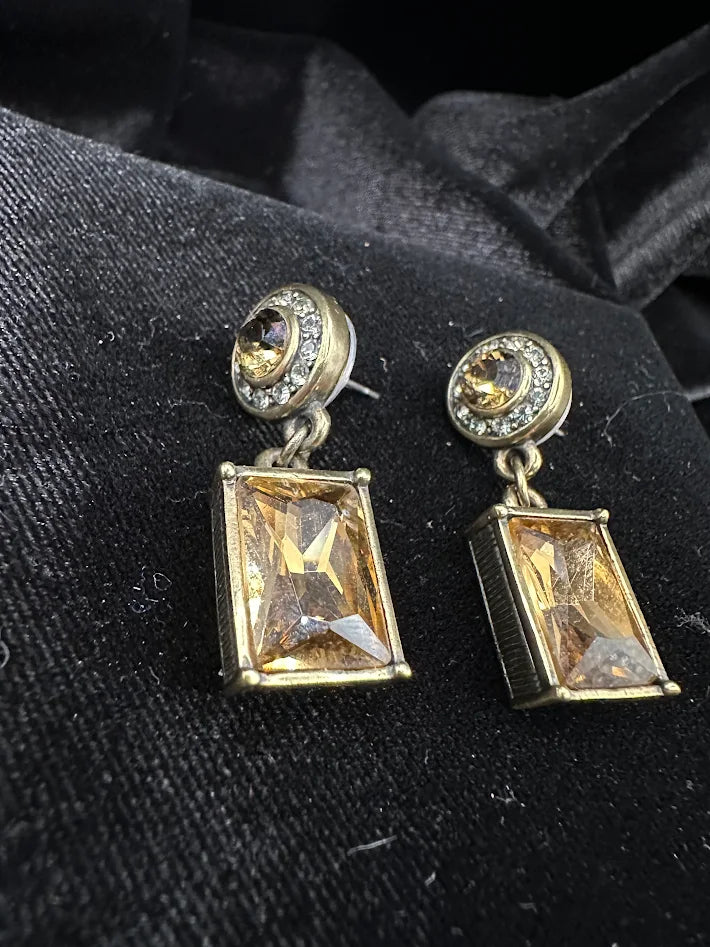 (SOLD) Heidi Daus Crystal Drop Earrings Gold Tone Rectangular Dangle Statement Designer Rhinestone