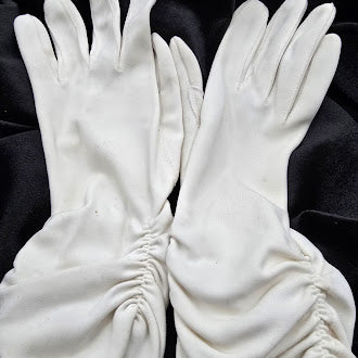 White opera-length dress gloves with ruched wrists, with original packaging, view 9