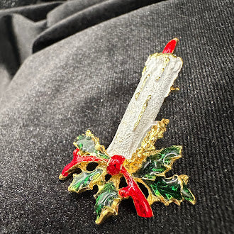 White enamel Christmas candle brooch with red flame, green holly and red bow, view 3
