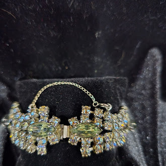 Vintage Silver Tone Rhinestone Bracelet with Green Marquise Center and Aurora Borealis Crystals, Statement Link Design, Curated Estate Glam