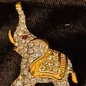 Swarovski Gold Tone Crystal Elephant Brooch With Red Eye And Swan Logo