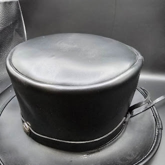 Black Faux Leather Flat Top Hat | Button Band Detail Structured Fashion Hat