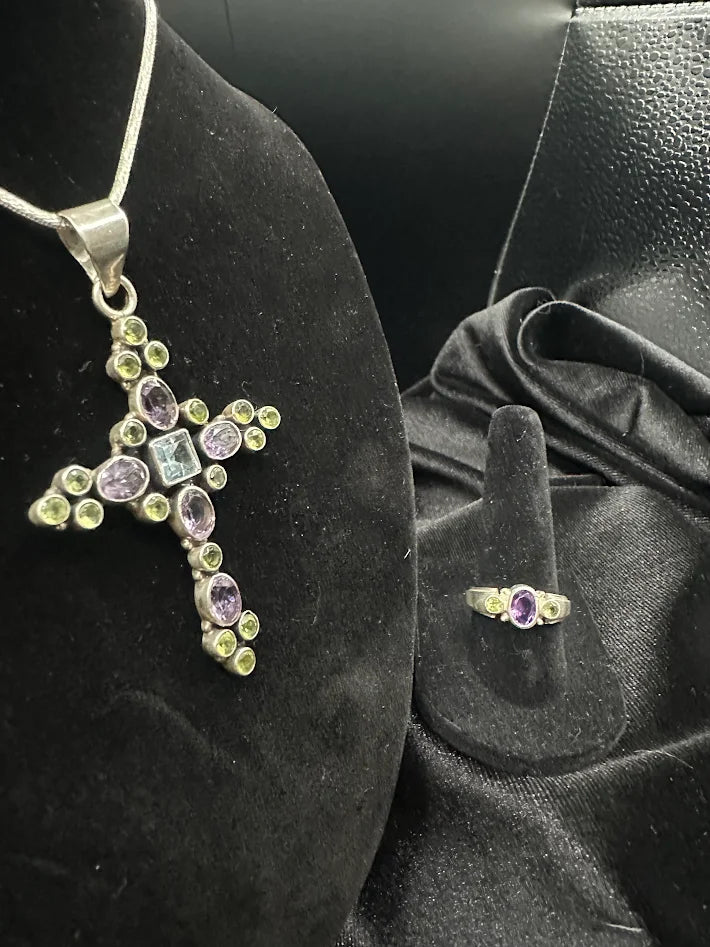 925 Sterling Silver Amethyst Peridot White Topaz Cross Pendant Necklace Ring Set Gemstone Jewelry