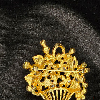 Signed ART gold-tone flower basket brooch with pastel beads and rhinestones, view 4