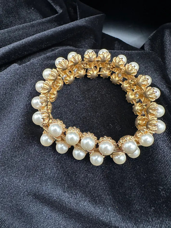 Gold Tone Faux Pearl Statement Bracelet Double Row Cluster Beaded Stretch Bracelet Vintage Style Jewelry