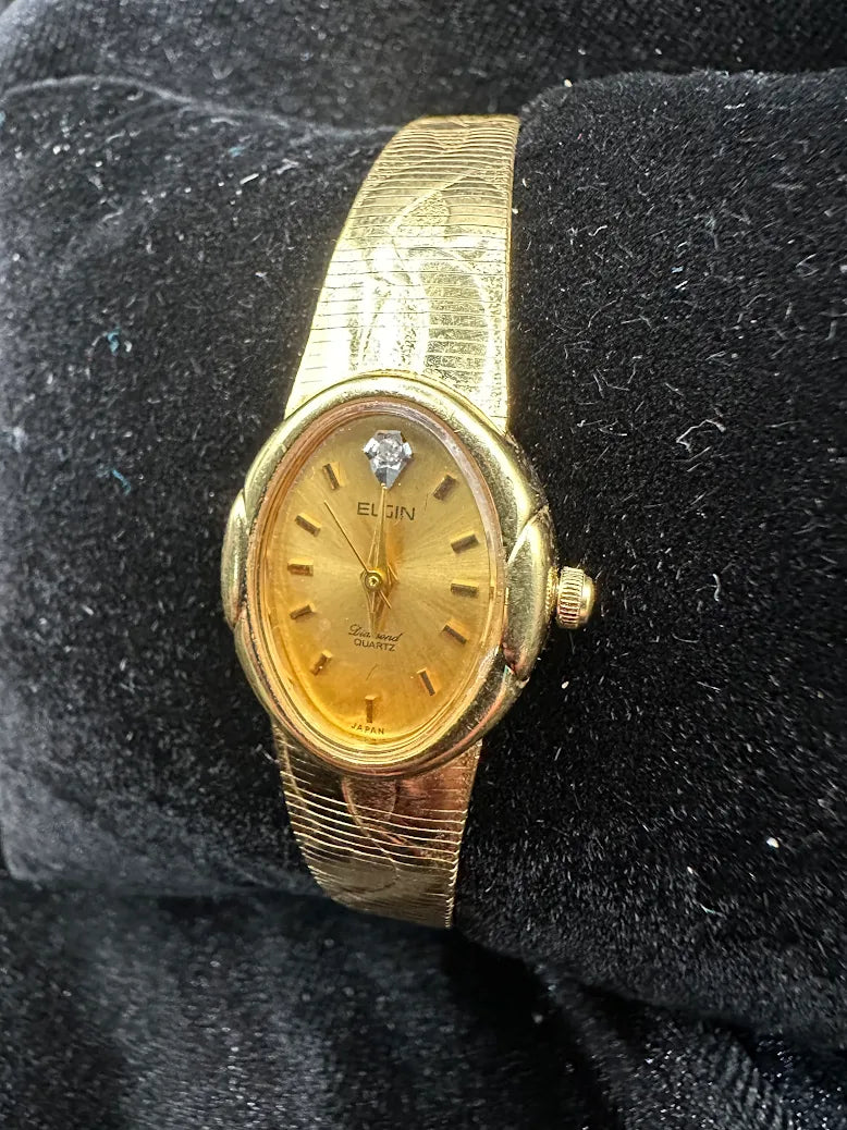 Vintage Elgin Gold Tone Diamond Accent Watch – Textured Bracelet Oval Dial For Repair