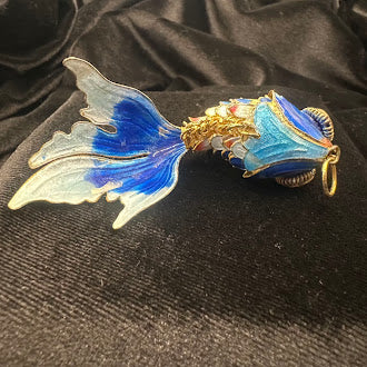 Blue Enamel Cloisonne Articulated Fish Pendant Gold Tone Wirework Detail