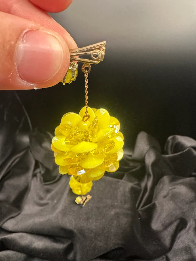 Yellow translucent flower dangle clip earrings with bead and charm drops, view 2