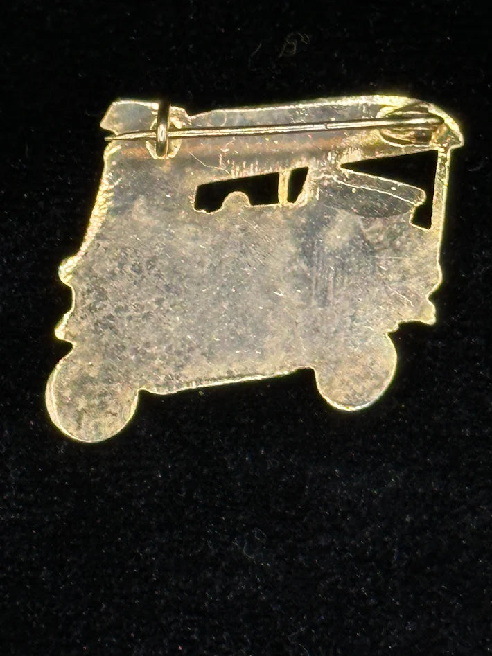 Enamel tuk tuk brooch in blue, red, white and gold tone, view 3