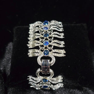 Vintage Lisner Silver Tone Wide Bracelet with Iridescent Rhinestones, Textured Link Design, Aurora Borealis Sparkle, Estate Statement Style